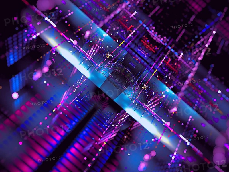 Technology blur - background with perspective effect. Abstract computer-generated 3d illustration. Fractal art: inclined plane with cells, bokeh and light effects. For banners, covers, backdrops
