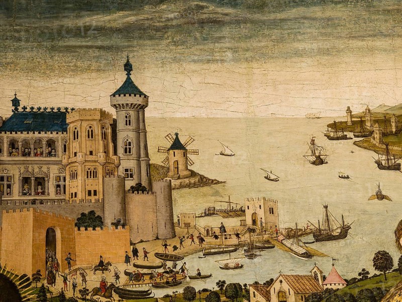 Port of Palma, detail. Saint George and the dragon. (1468-1470) Pere Niçard. Oil and tempera on panel.Diocesan museum (Museu diocesà) . Historical center.Palma.Mallorca.Baleares.Spain