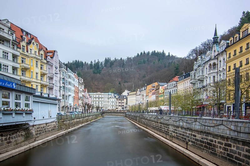 Cityscape in winter. Cityscape with historic buildings in an old town from the Baroque period. Cityscape Karlovy Vary, Czech Republic
