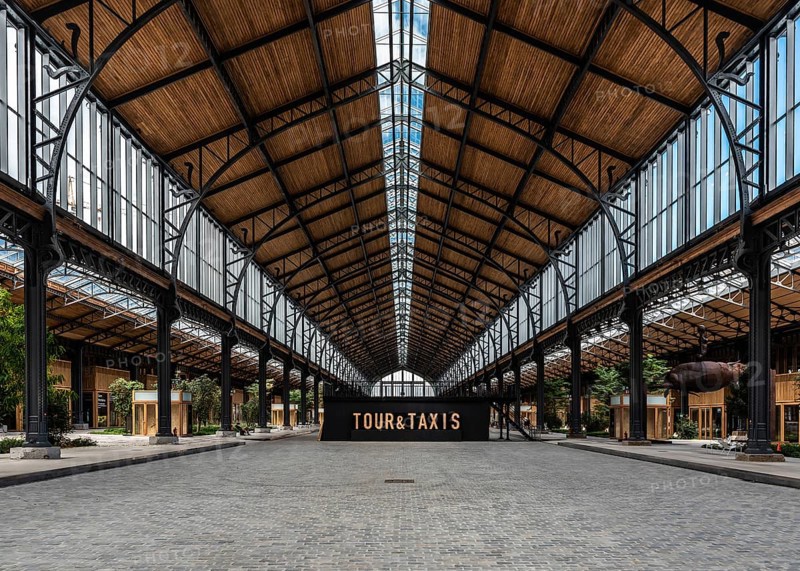 Brussels city center, Belgium, 30 08 2020 Straight Art Nouveau interior design of the Royal Depot at the Tour and Taxis eventhall