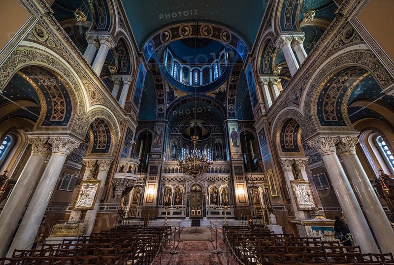 Athens Old Town, Attica, Greece, 12 28 2019 Interior design of the Orthodox Metropolitan Cathedral of Athens