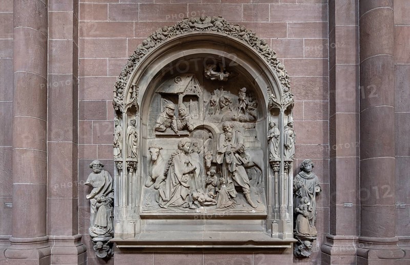 Worms, St Peter's Cathedral, north aisle, late Gothic reliefs, Christmas scene