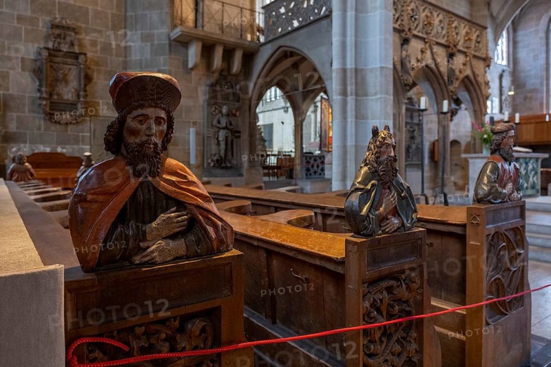 Biblical figures on the choir stalls of the Protestant collegiate church of St George, Tübingen, Baden-Württemberg, Germany