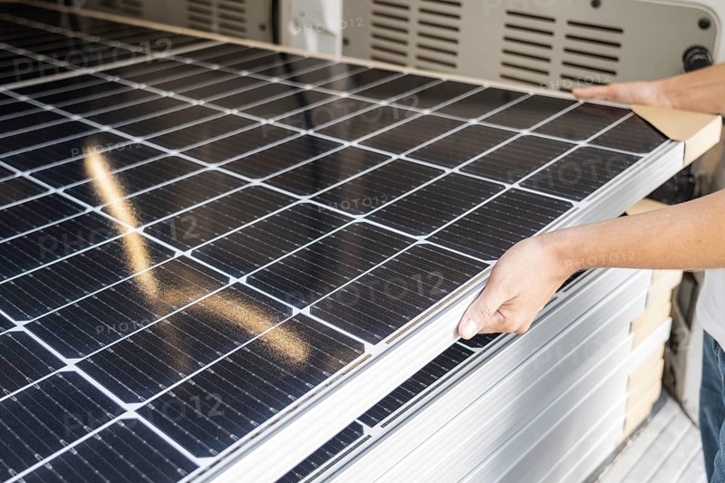 Solar panels inside a van, Llucmajor, Majorca, Balearic Islands, Spain