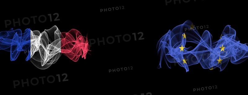 Flags of France and the EU on a black background, France against the European Union smoke flags