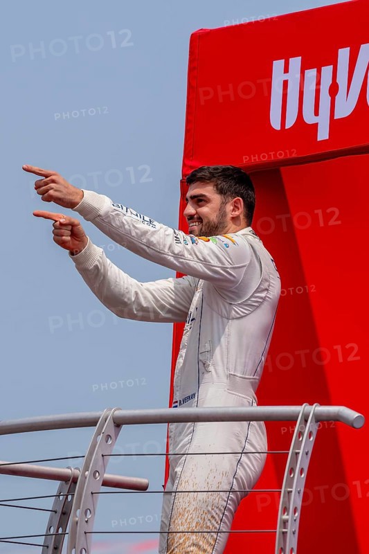 INDYCAR Series driver, RINUS VEEKAY (21) of Hoofddorp, Netherlands, is introduced to the fans before racing for the Hy-Vee INDYCAR Race Weekend at the Iowa Speedway in Newton, IA, USA