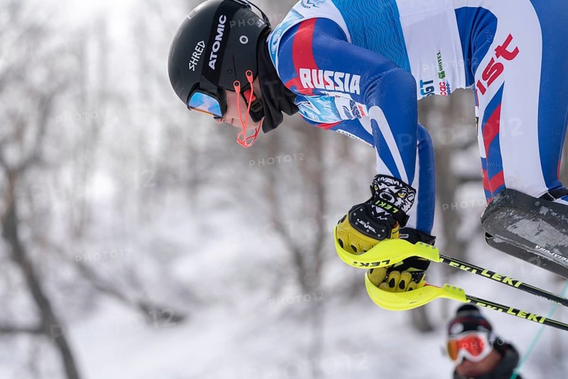 Mount skier Fedoryan Fedor Sakhalin Region at start. Russian Alpine Skiing Championship, International Ski Federation Championship slalom. Moroznaya Mount, Kamchatka Peninsula, Russia, March 29, 2019