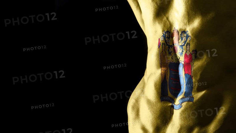 New Jersey flag on abs muscles, New Jersey bodybuilding concept, black background