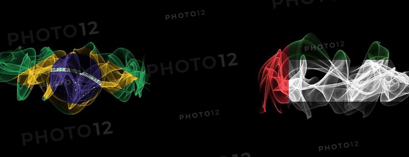 Flags of Brazil and UAE on black background, Brazil vs United Arab Emirates smoke flags