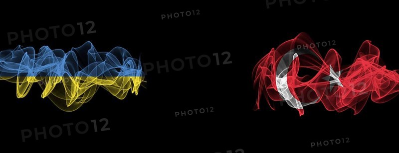 Flags of Ukraine and Turkey on Black background, Ukraine vs Turkey Smoke Flags