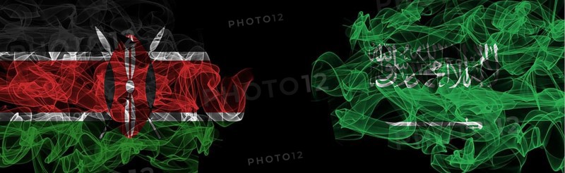 Flags of Kenya and Saudi Arabia on Black background, Kenya vs Saudi Arabia Smoke Flags