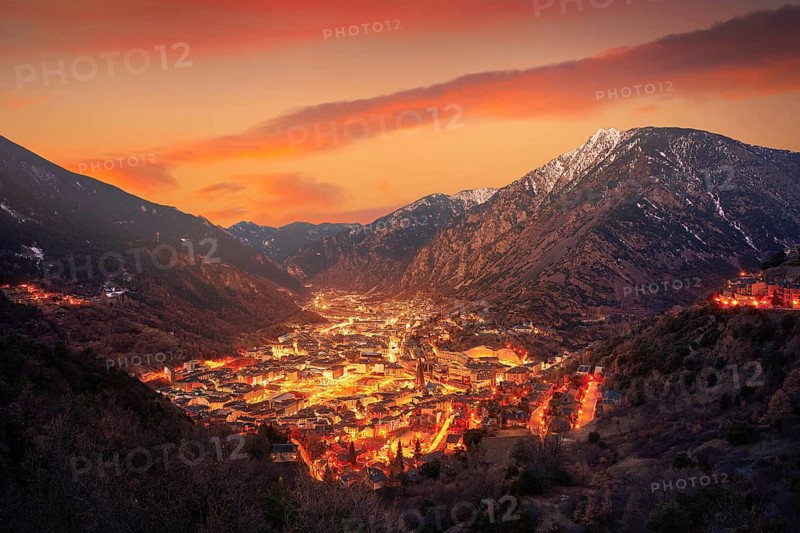 Andorra la Vella skyline at sunset in Pyrenees mountains