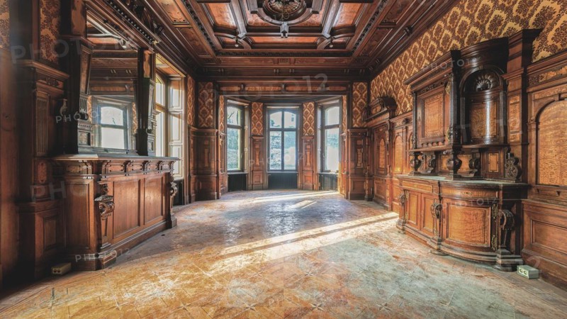 An empty, historic room with wood panelling and rays of light falling in, Villa Woodstock, Lost Place, Brill, Wuppertal, North Rhine-Westphalia, Germany