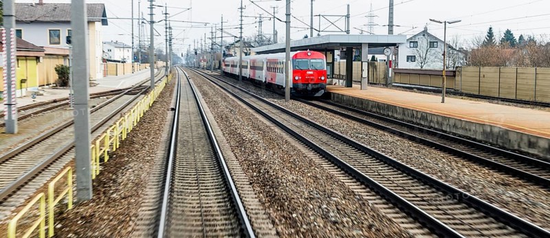 Austria, Upper Austria, Linz, Wels . Railway tracks seen from a moving train between Linz and Wels Austria