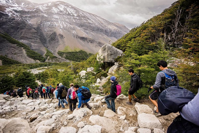 Hiker walking the W trek, Ascencio Valley, Torres del Paine National Park, National System of Protected Wild Areas, Patagonia, Republic of Chile