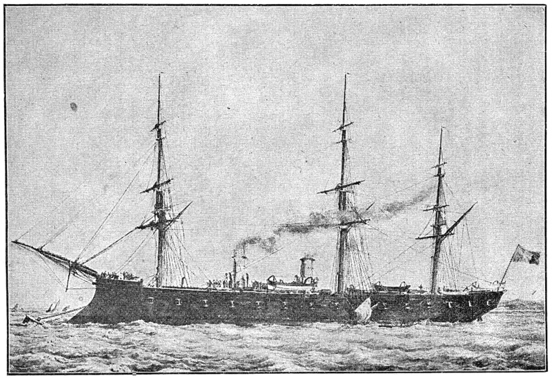 Le Tourville (1874) - a broadside ironclad of the French navy. Illustration of the 19th century. Germany. White background