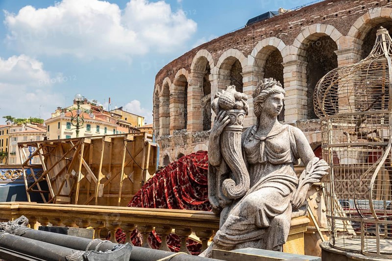 Verona, Italy, June 2022: preparing the stage for the thetre performance in the famous Arena di Verona, Aida spectacle