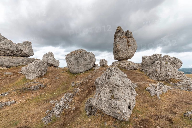 Strangely shaped rocks in the chaos of Nimes le Vieux in the Cevennes National Park. Unesco World Heritage. Fraissinet-de-Fourques, Lozere, France