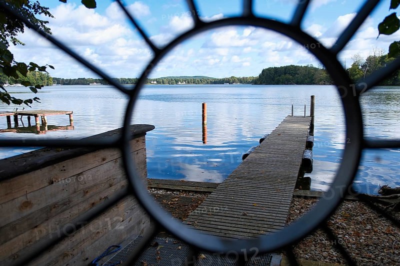 View over the Scharmützelsee with a jetty, Bad Saarow, Brandenburg, Germany