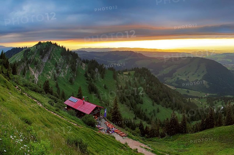 Panoramic view from the Nagelfluhkette to the foothills of the Alps, Nagelfluhkette, Allgäu. The Alpine Club hut on the left