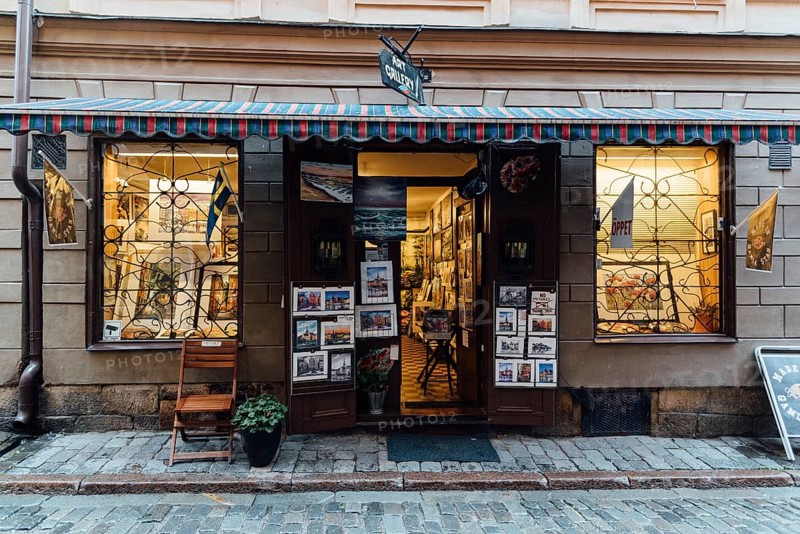 Stockholm, Sweden, August 8, 2019: Art Gallery storefront in Gamla Stan. The Old Town is one of the largest and best preserved medieval city centers in Europe