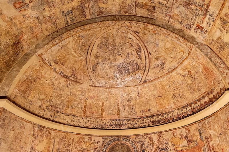 Coronation of Mary for her son Jesus Christ, wall paintings of Osia, XIII century, fresco torn and transferred to canvas, come from the hermitage of Nuestra Señora del Rosario, Osia, Diocesan Museum of Jaca, Huesca, Spain