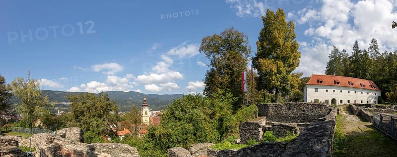 Ruins of Massenburg Castle, former castle complex, gate building at the back, panoramic view, Massenberg, Leoben, Styria, Austria