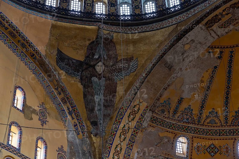 A picture of the colorful and gorgeous interior of the Hagia Sophia, in Istanbul