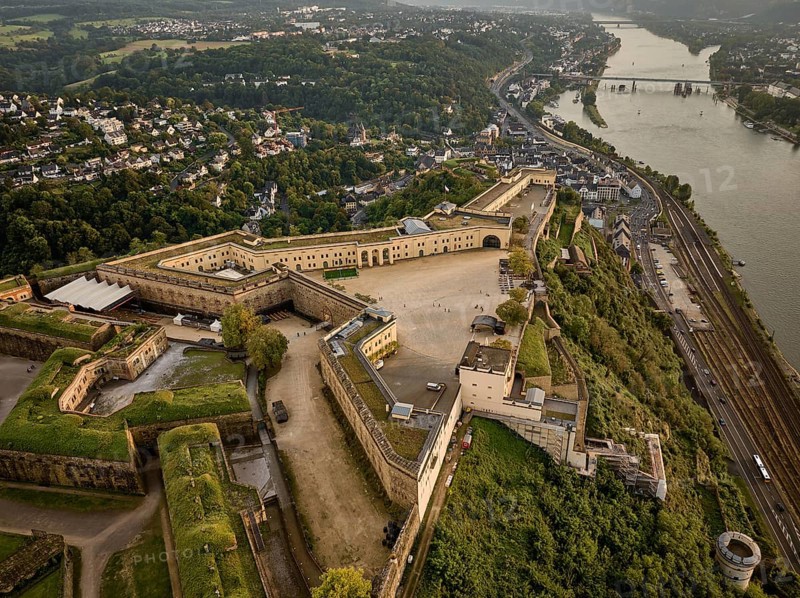 Ehrenbreitstein Fortress is situated 118 metres above the Rhine opposite the mouth of the Moselle with the Deutsches Eck in Koblenz. Ehrenbreitstein Fortress, the second largest preserved fortress in Europe, was built in its present form between 1817 and 1828. Koblenz, Rhineland-Palatinate, Germany