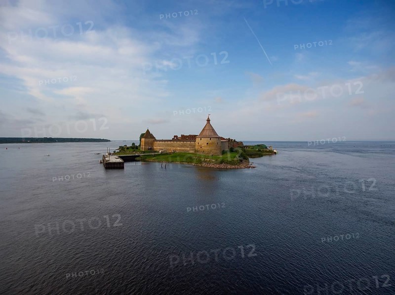 Aerial view on fortress Oreshek on island in Neva river near Shlisselburg town, Leningrad region, Russia