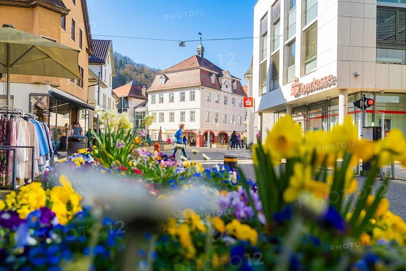 Flowerbed in the foreground of a busy shopping street, framed by people and buildings, Nagold Town Hall, Black Forest, Germany