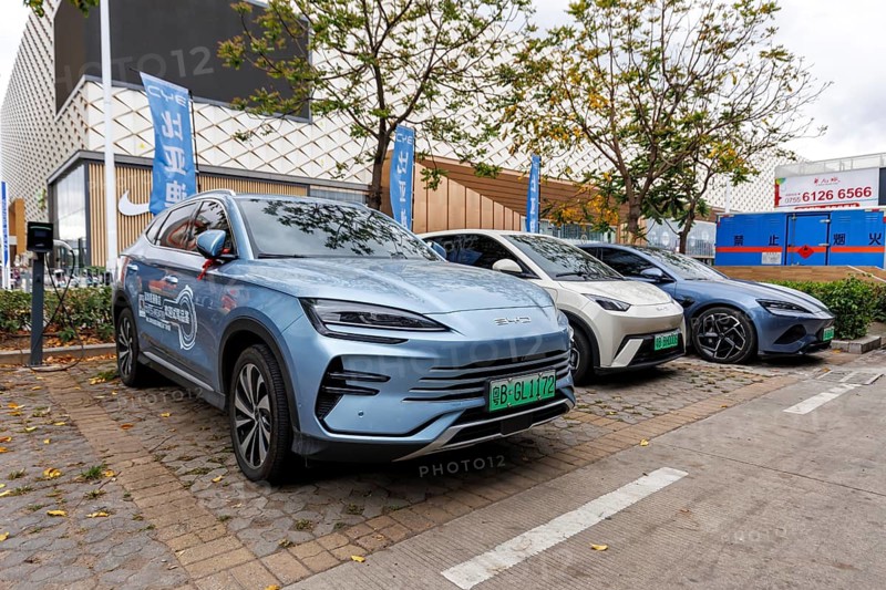 Electric cars from the Chinese car brand BYD Build Your Dream electric mobility traffic in Shenzhen, China