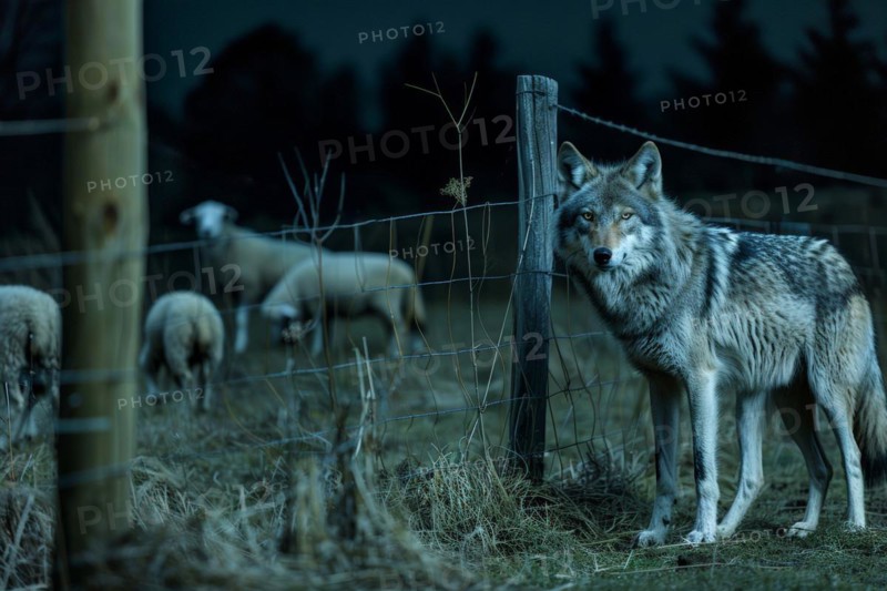 A wolf stands at a pasture fence at night and observes a grazing flock of sheep, symbolic image for herd protection, danger, killing by wolf attack, AI generated