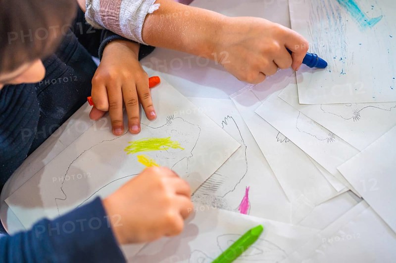 Two kids coloring drawings of animals with wax crayons, developing their creativity and fine motor skills