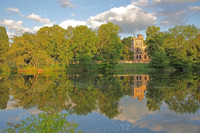 Christian Academy on the Saale with reflection, idyll, riverbank, Saale valley, Halle an der Saale, Saxony-Anhalt, Germany