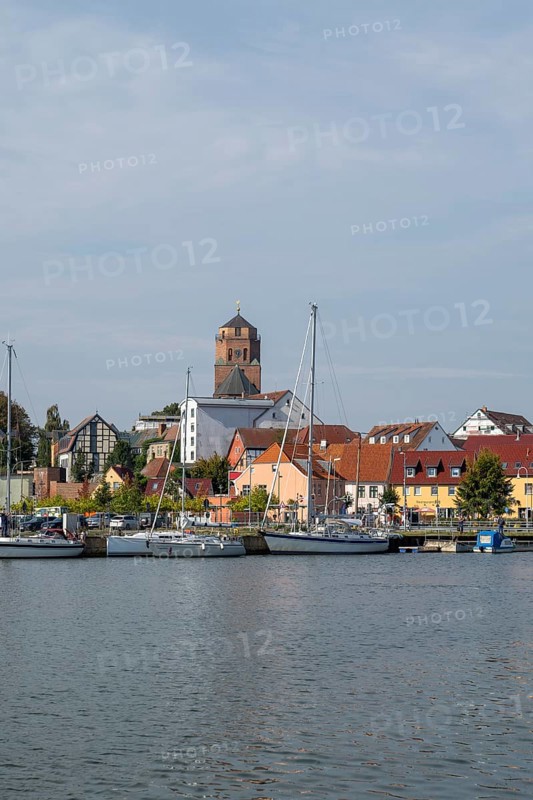 View of the town with St Peter's Church and the Peene River, Wolgast, Usedom Island, Mecklenburg-Western Pomerania, Germany