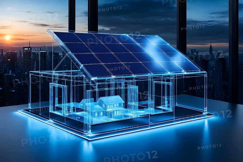 Hologram blue eco house with solar on table, ai generated, AI generated
