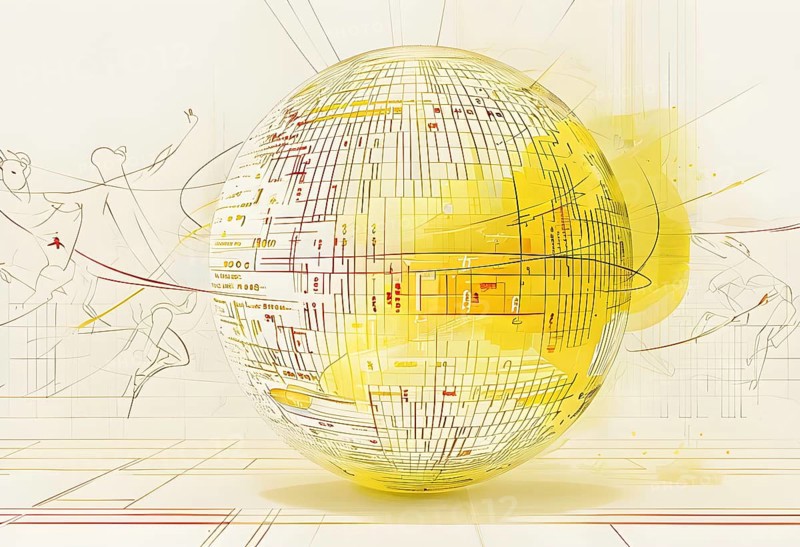 Illustration of an abstract, vibrant yellow colored rotating digital sphere with patterns resembling AI algorithms, surrounded by faint lines tracing athletic motions, AI generated