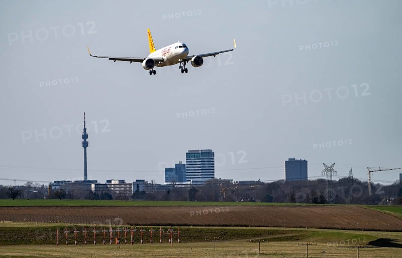 Dortmund Airport, Pegasus Airline, Airbus A320neo, on landing, Turkish low-cost airline, Dortmund skyline with Florian Tower, regional airport