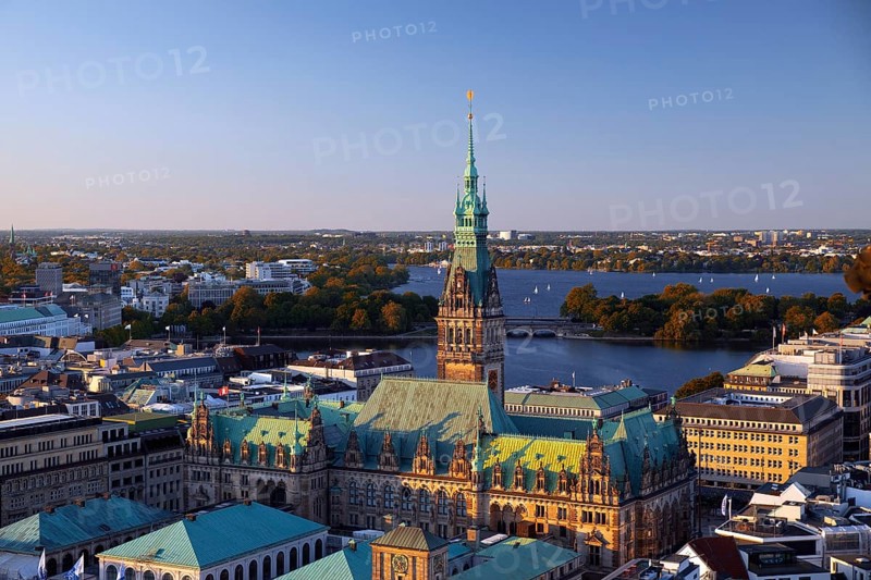 City view from above with the town hall and the Alster, Hamburg, Germany