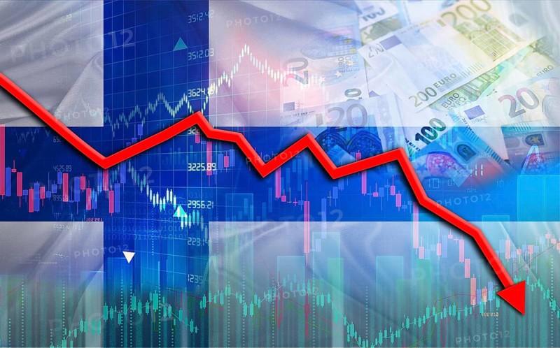 Financial fall of Finland on economy market. Finland financial crisis on economic graph