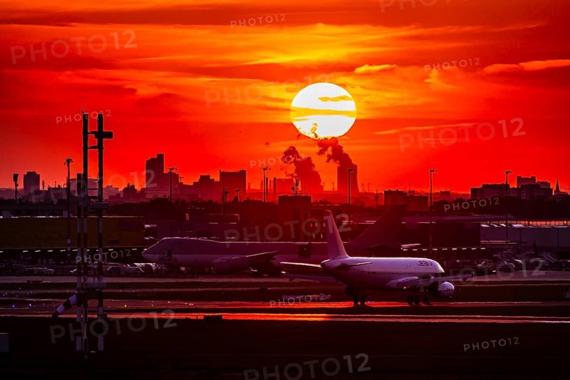 Cologne Bonn Airport in the evening with sunset and sunset. Cologne, North Rhine-Westphalia, Germany
