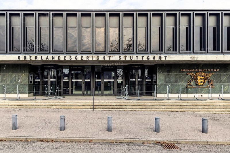 New courtroom building of the Higher Regional Court OLG in Stuttgart-Stammheim. Exterior view with state coat of arms. Stuttgart, Baden-Württemberg, Germany