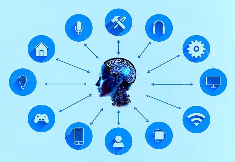 Symbol image, AI, artificial intelligence, Internet illustration, computer, Industry 4.0, economy, data traffic, @ sign. Mail traffic, data protection, communication, crafts, games, computing