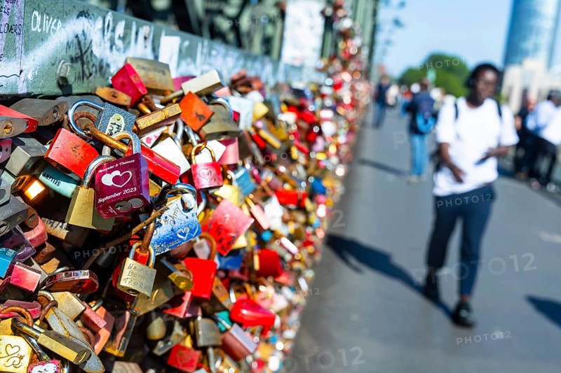 Hohenzollern Bridge Cologne. Hundreds of thousands of love locks adorn the bridge railings. City view of Cologne, North Rhine-Westphalia, Germany