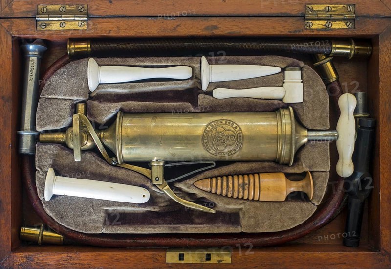 19th century set with instruments for Gastric lavage, stomach pumping, gastric irrigation in antique wooden box