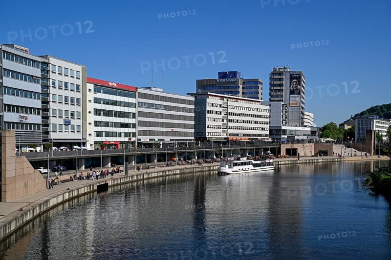 Skyline of Saarbrücken, in the foreground the river Saar, Saarland, Germany