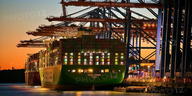 Container terminal Burchardkai with full container ship Ever Genius from Panama in the evening, Port of Hamburg, Hamburg, Germany