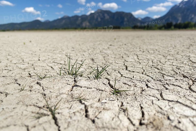 Cracked, dried out ground, waterless Forggensee in spring, behind it Tegelberg massif and Säuling, Ammergau Alps, near Füssen, Ostallgäu, Bavaria, Germany