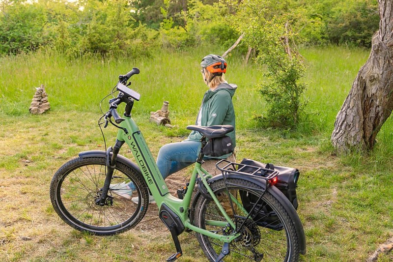 Cyclist with helmet sitting next to a bicycle, surrounded by green nature and trees, e-bike excursion, Gechingen, district of Calw, Germany
